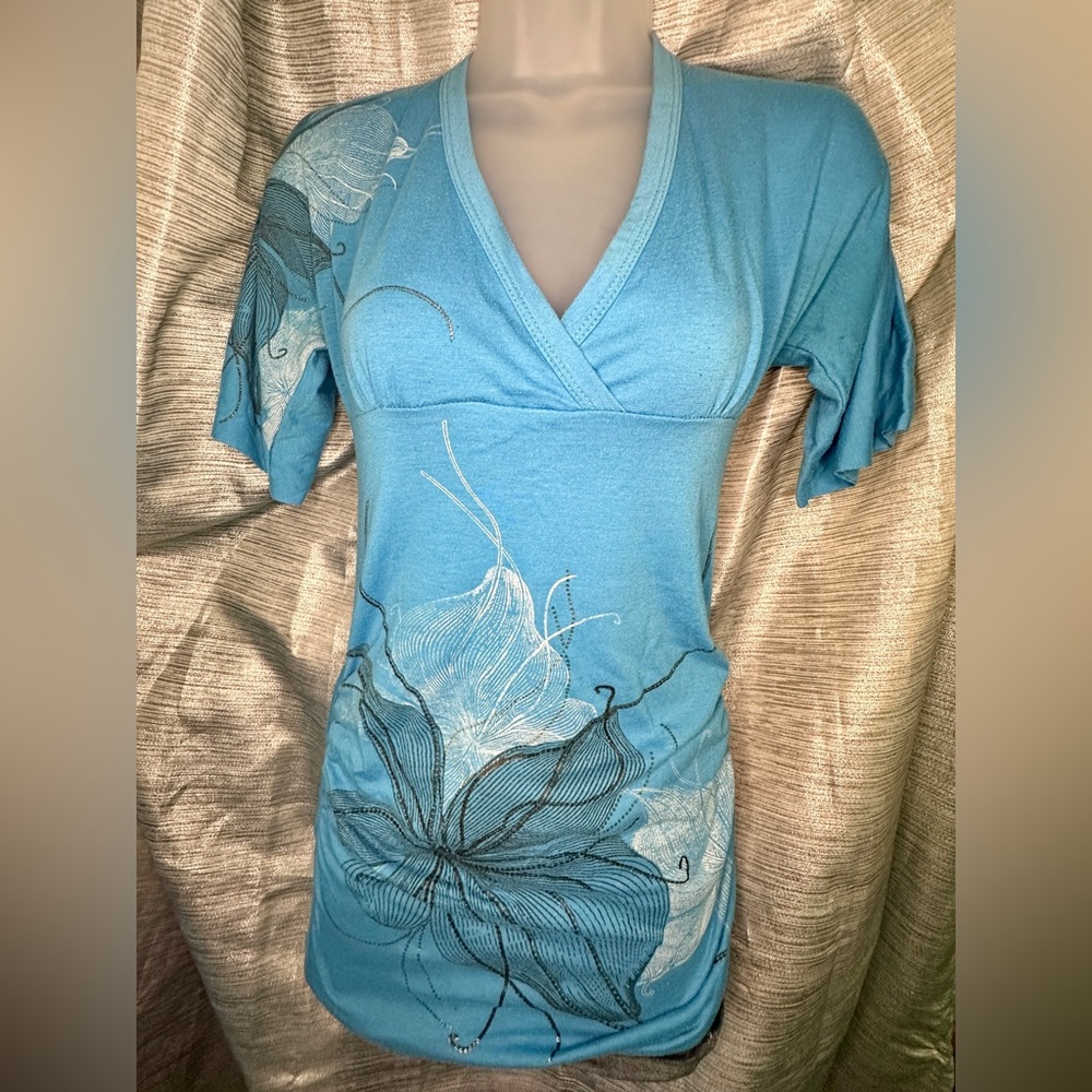Bling Bling 3/4 Sleeve V-Neck Long Shirt / Dress Blue Women’s ~ Medium
